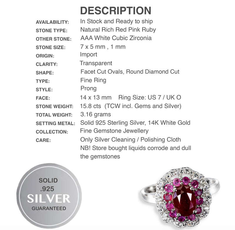 Deluxe Natural Ruby and White Cubic Zirconia set in Solid .925 Sterling Silver Ring Size US 7
