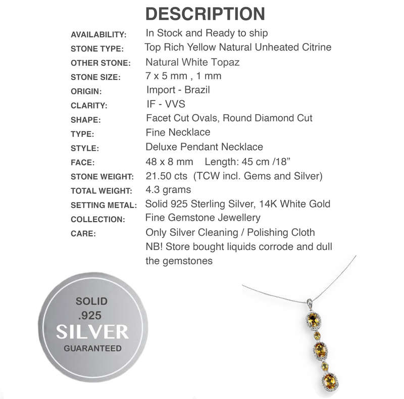 Deluxe Natural Unheated Citrine, White Topaz Gemstone  Solid .925 Sterling Silver 14K W/G Necklace