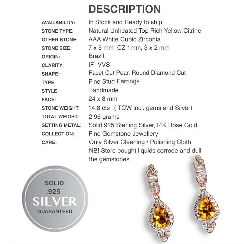 Natural Unheated Pear Shape Citrine Gems in Solid 925 Sterling Silver 14K Rose Gold Stud Earrings