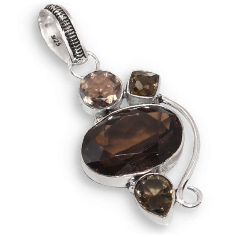 Faceted Smoky Topaz Mixed Shape Gemstones set in .925 Sterling Silver Plated Handmade Pendant