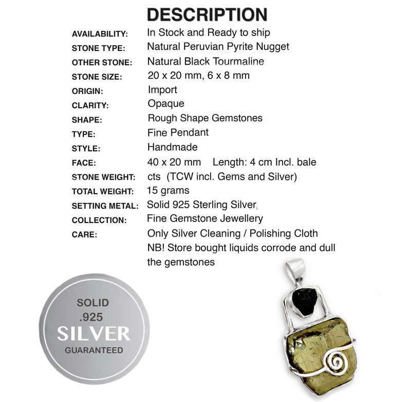 Natural Peruvian Pyrite Cluster, Black Tourmaline Rough Solid .925 Sterling Silver Pendant