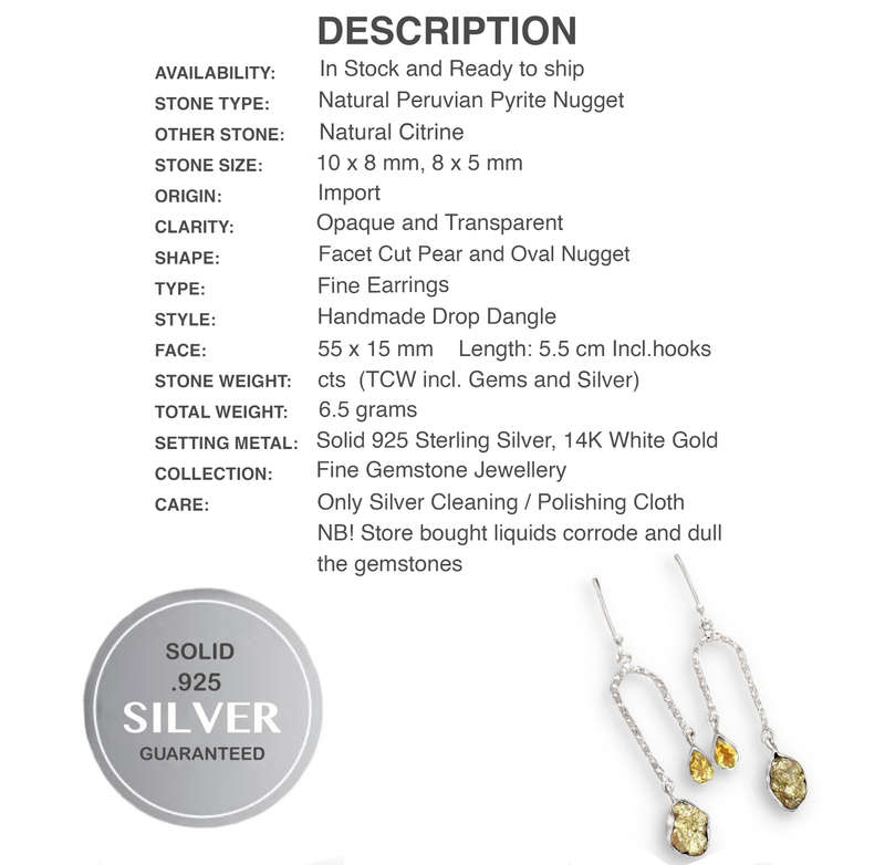 Natural Peruvian Pyrite Rough Nugget ,Citrine set in Solid .925 Sterling Silver Drop Dangle Earrings