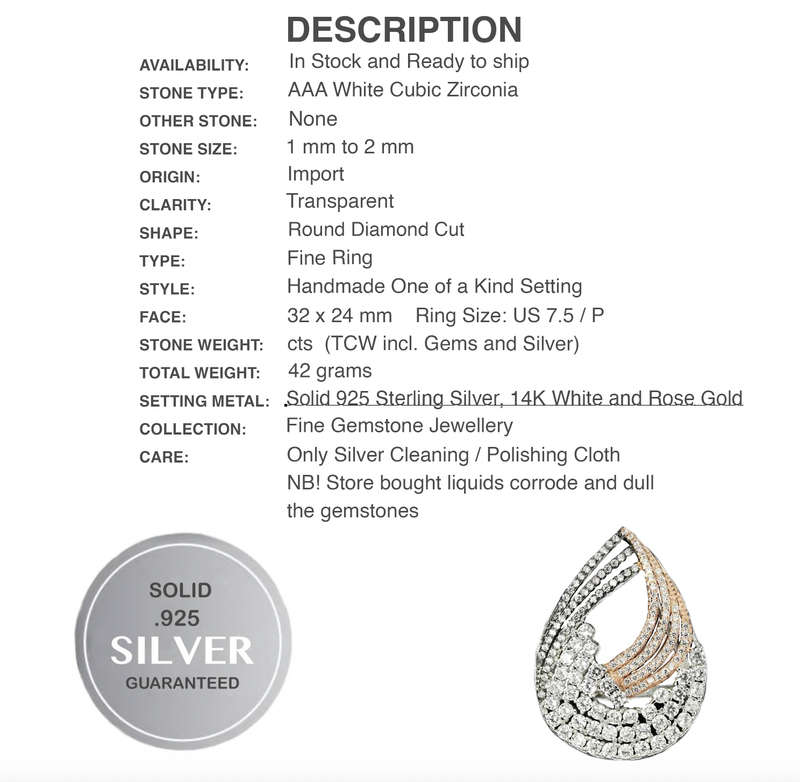 Two Tone AAA White Cubic Zirconia set in .Solid 925 Sterling Silver 14K R/ Gold Ring Size US 7.5 / P
