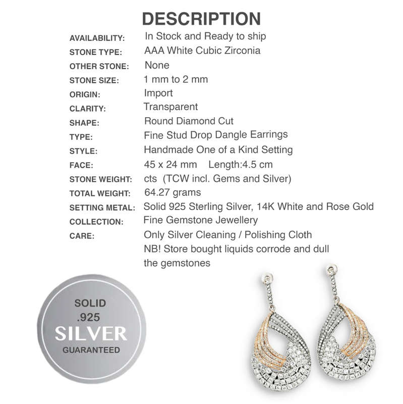 Deluxe Diamond Cut AAA White Cubic Zirconia Two Tone Solid .925 Sterling Silver 14K Rose Earrings