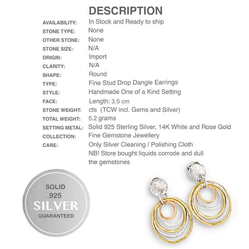 Three Tone Solid .925 Sterling Silver Drop Dangle Stud Trendy Earrings