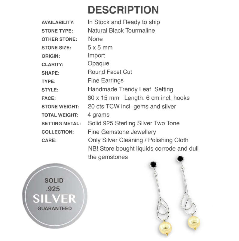 Two Tone Natural Black Tourmaline Gemstone in Solid .925 Sterling Silver Drop Dangle Stud Earrings