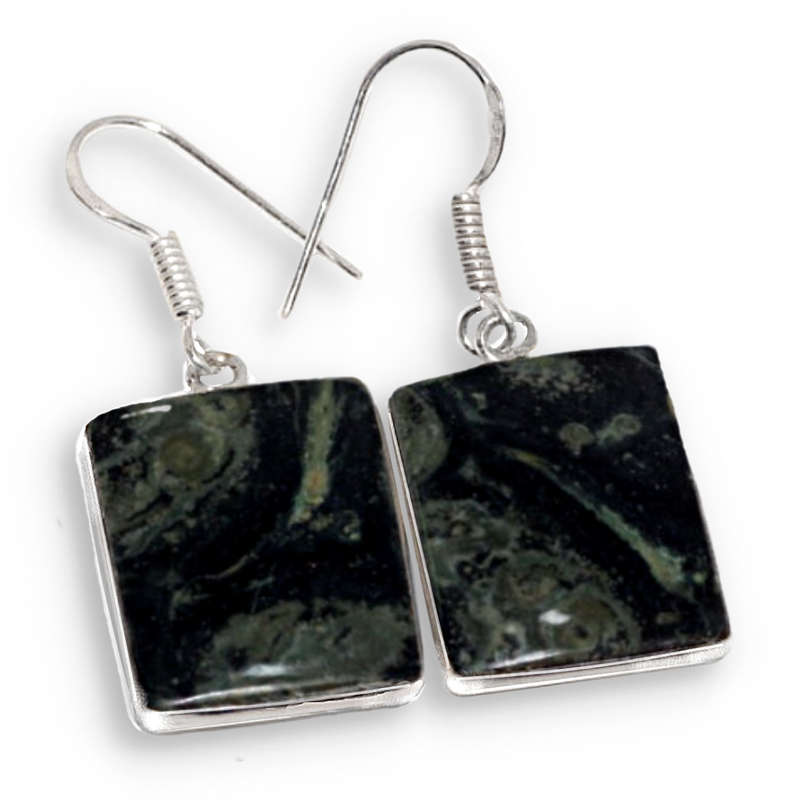 Natural African Kambaba Jasper Rectangle Gemstone set in  .925 Sterling Silver Plated Earrings