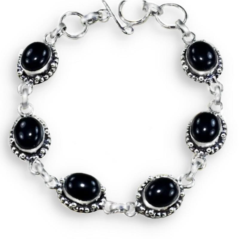 Black Onyx Oval Gemstones set in .925 Sterling Silver Plated Antique Style Handmade Bracelet