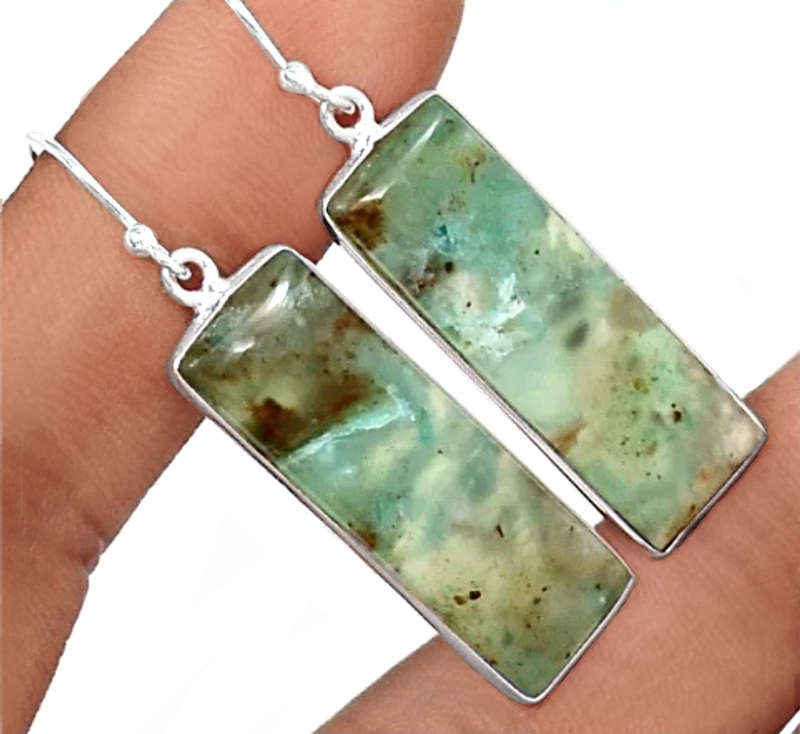 Natural Aquaprase Rectangle Gemstone Set in Solid .925 Sterling Silver Earrings