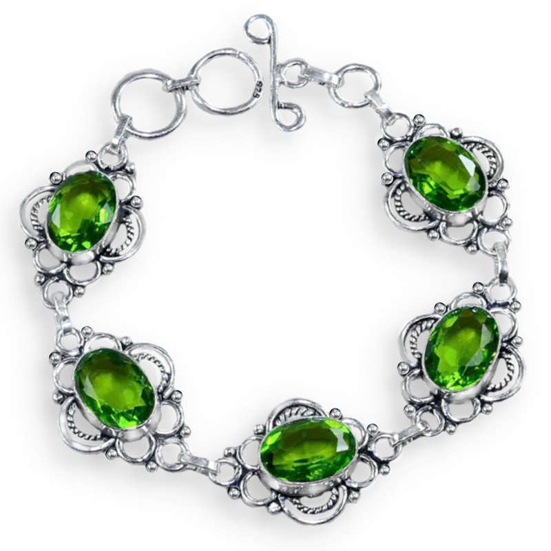 Faceted Peridot Ovals set in .925 Sterling Silver Plated Handmade Antique Style Bracelet