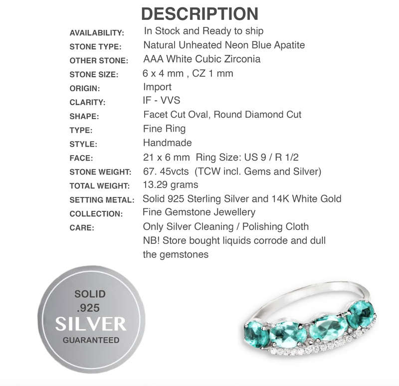 Natural Apatite, and White Cubic Zirconia Gemstone in Solid .925 Sterling Silver Ring Size 9 / R1/2