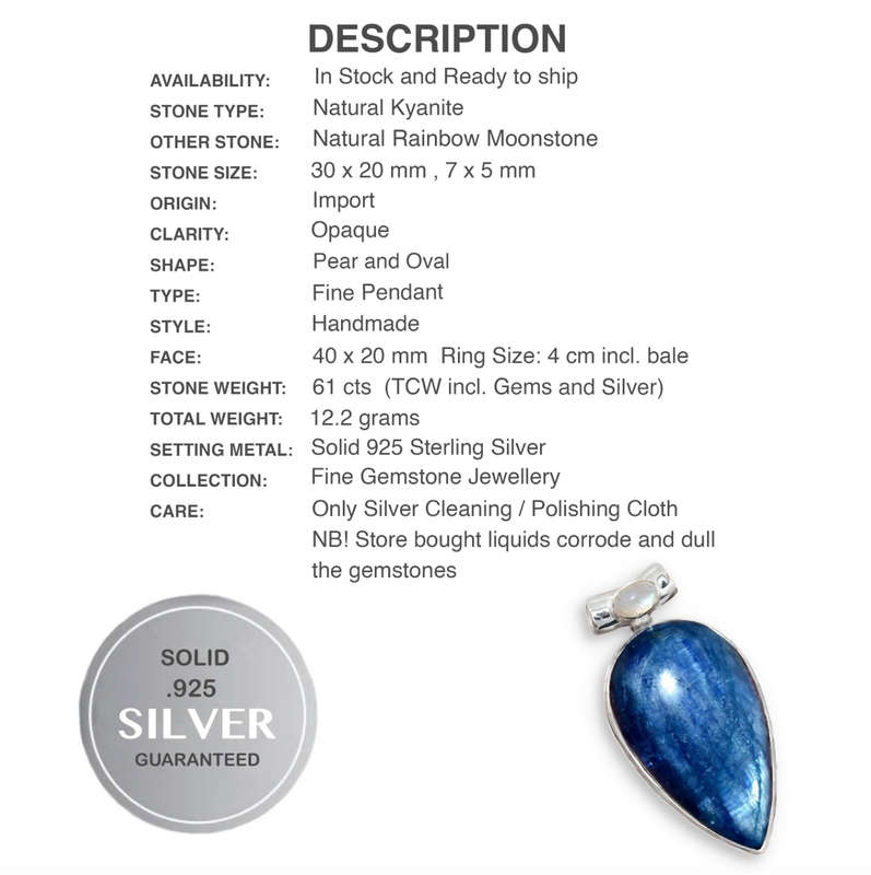 Natural Kyanite Pear & Rainbow Moonstone Gemstone set in. Solid 925 Sterling Silver Kyanite Pendant