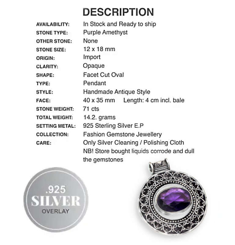 Antique Style Purple Amethyst Oval set in 925 Sterling Silver Plated Handmade Pendant