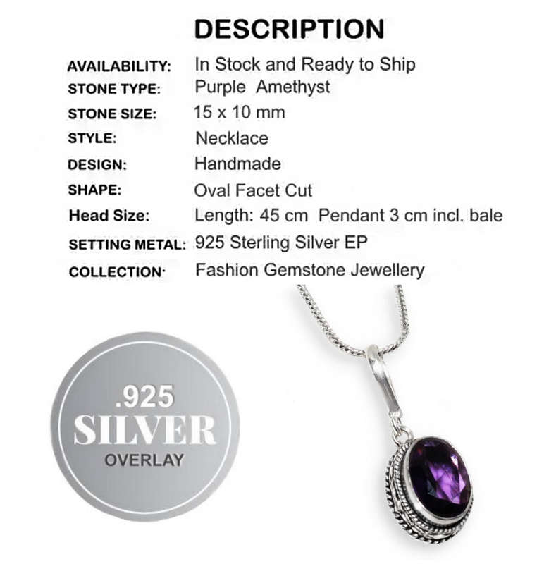 Dainty Purple Amethyst Oval set in .925 Sterling Silver Plated Antique Style Pendant Necklace