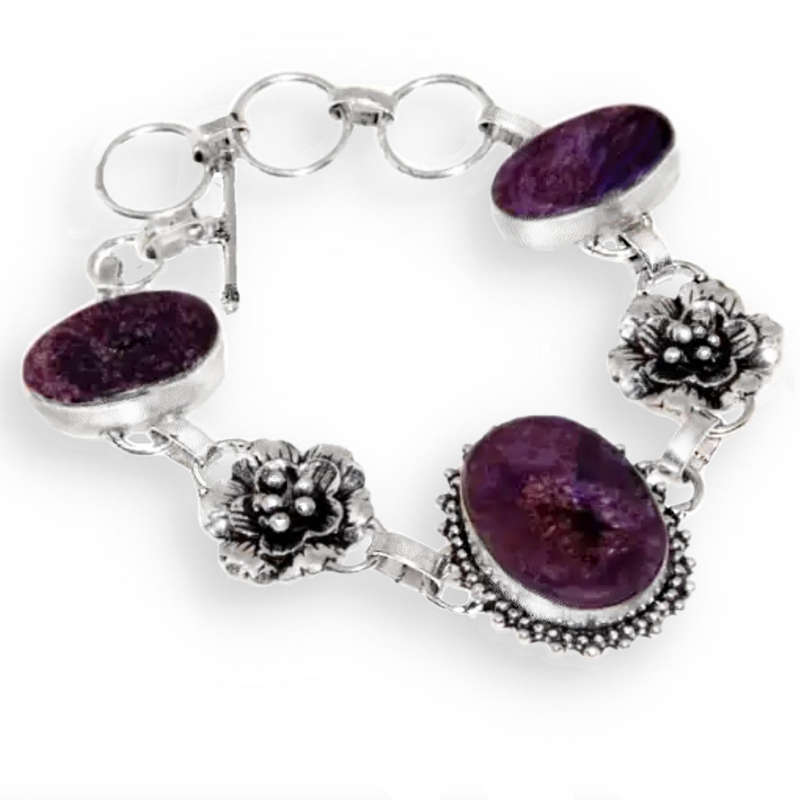 Natural Charoite Oval Gemstone with Floral Charm  925 Silver Plated Handmade Bracelet