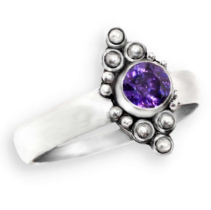 Purple Amethyst Round Shape in Antique Style set in .925 Sterling Silver Plated Dainty Ring Size 8