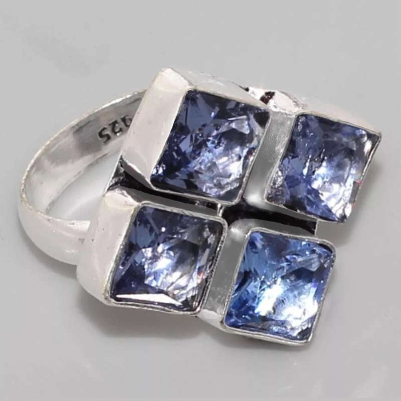 Tanzanite Violet Blue Quartz set in .925 Sterling Silver Plated Handmade Ring Size US 8 / Q