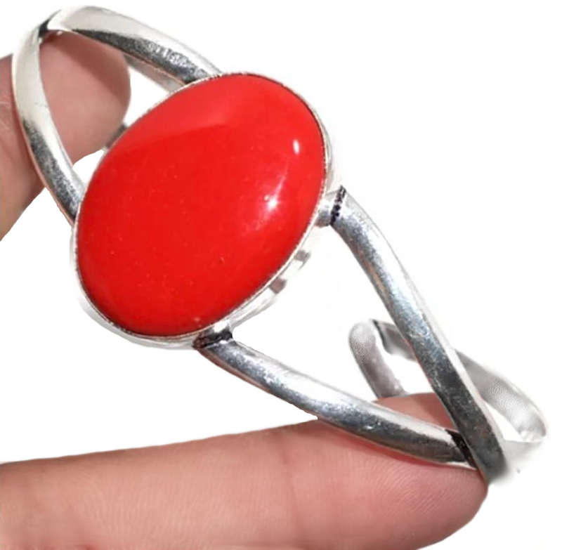 Red Coral Oval Shape set in  925 Sterling Silver Plated Handmade Adjustable Cuff Bangle