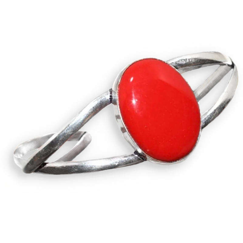 Red Coral Oval Shape set in  925 Sterling Silver Plated Handmade Adjustable Cuff Bangle