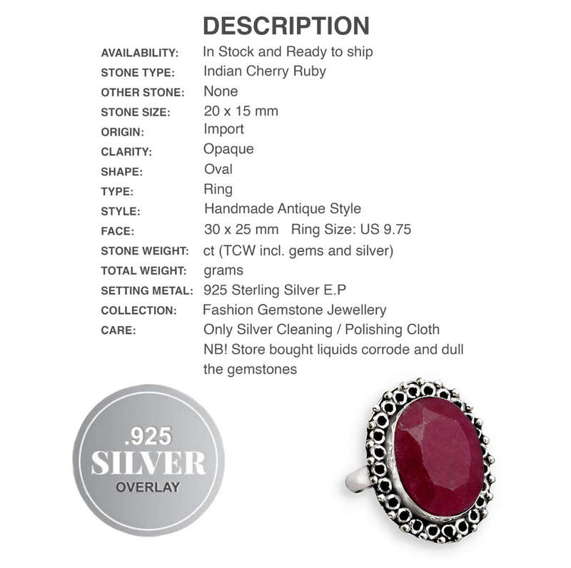 Indian Cherry Ruby Oval set in  Antique Style .925 Sterling Silver Plated Handmade Ring US 9.75