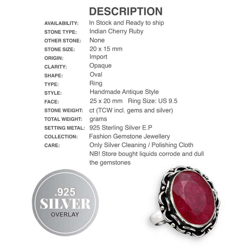 Indian Cherry Ruby Oval set in  Antique Style .925 Sterling Silver Plated Handmade Ring US 9.5