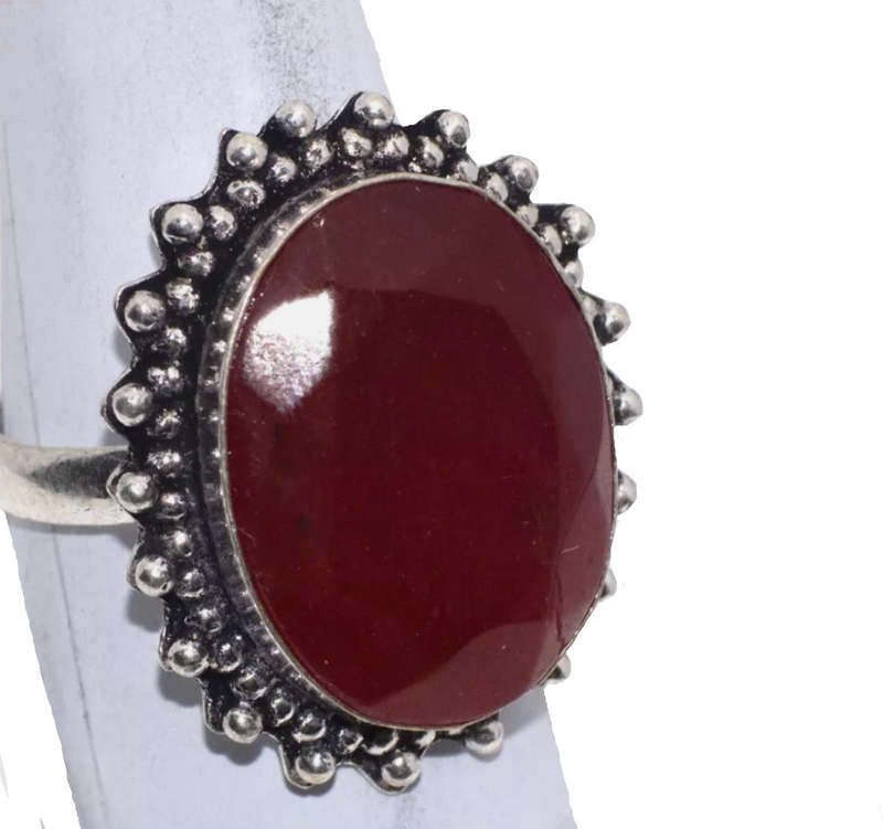 Indian Cherry Ruby Oval set in  Antique Style .925 Sterling Silver Plated Handmade Ring US 9