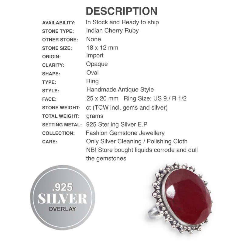 Indian Cherry Ruby Oval set in  Antique Style .925 Sterling Silver Plated Handmade Ring US 9