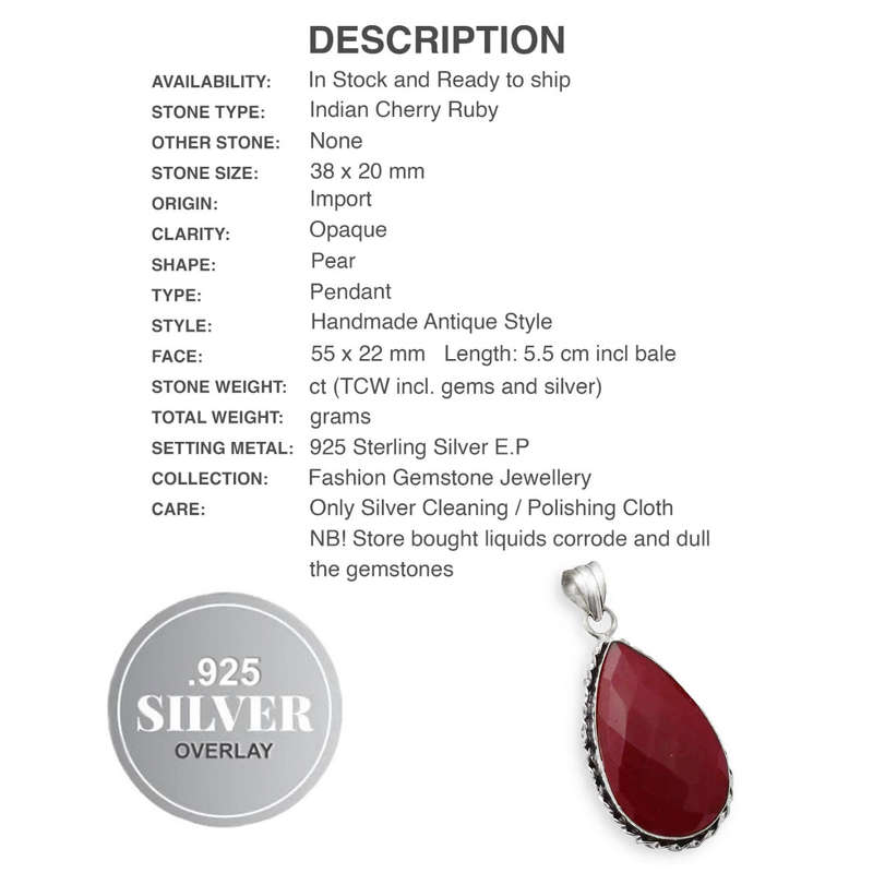 Indian Ruby Pear Shape set in .925 Sterling Silver Plated Handmade Antique Style Pendant