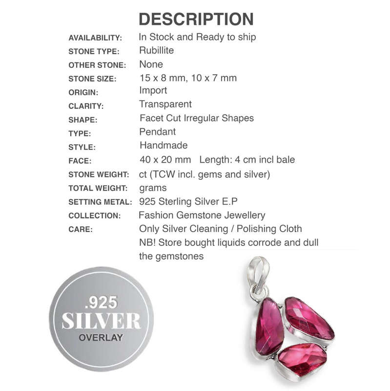 Rubillite Shapes set in .925 Sterling Silver Plated Handmade Pendant