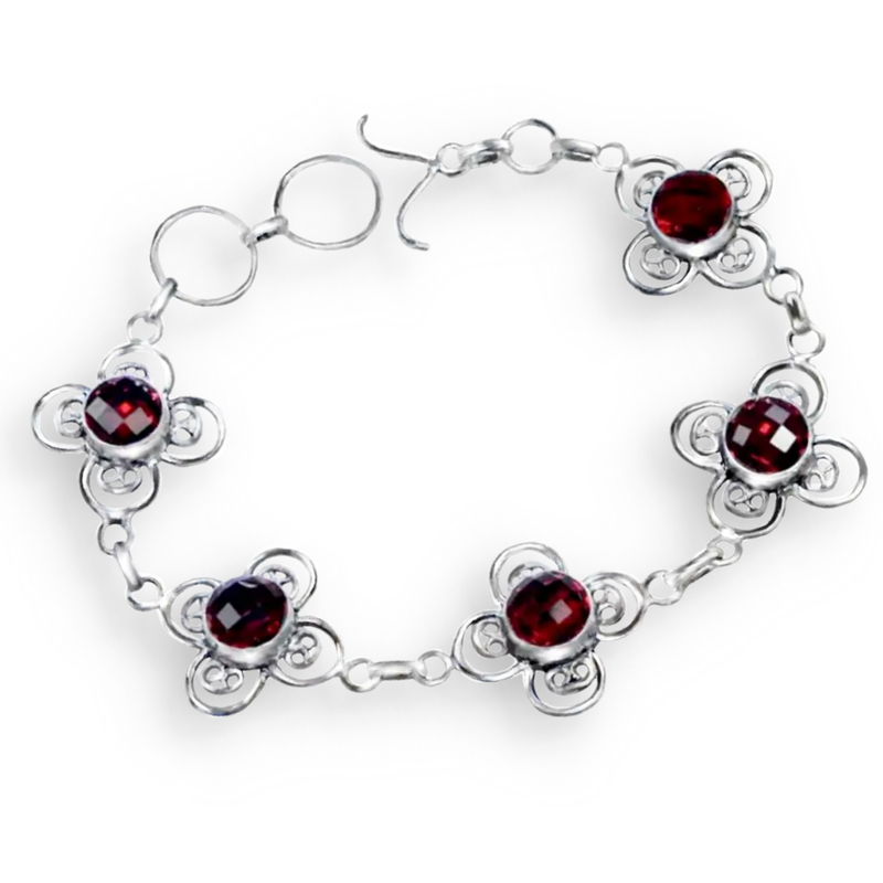Round Faceted Garnet Gemstones set in .925 Sterling Silver Plated Handmade Floral Setting Bracelet