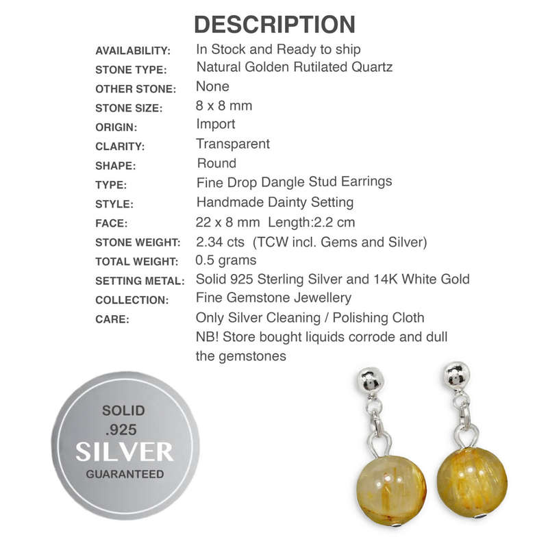 Natural Golden Rutile Quartz set In Solid .925 Sterling Silver 14K White Gold Dainty Stud Earrings