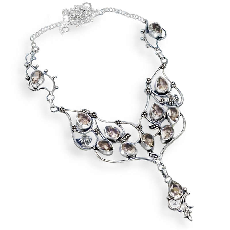 Feature Piece Faceted Peach Quartz Gemstone .925 Sterling Silver Plated Handmade Necklace