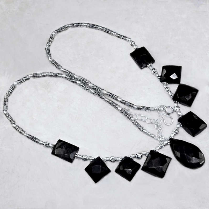 Black Onyx Mixed Shapes set in .925 Sterling Silver Plated Handmade Necklace