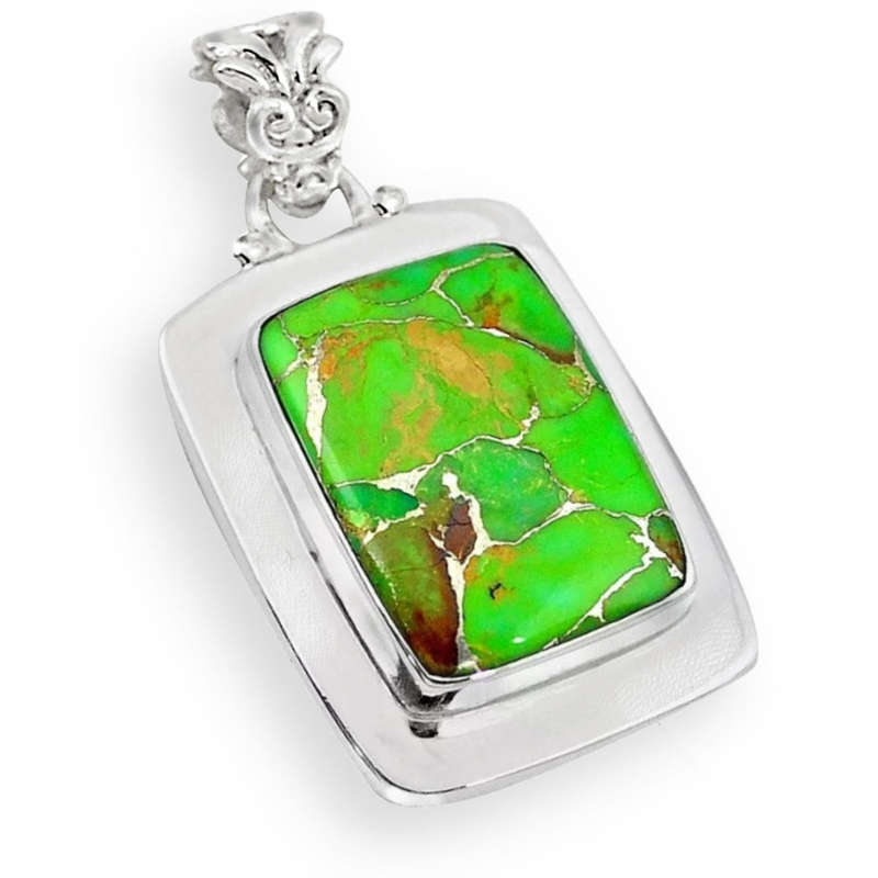 Natural Green Copper Turquoise set in Solid 925 Sterling Silver Rectangle Pendant