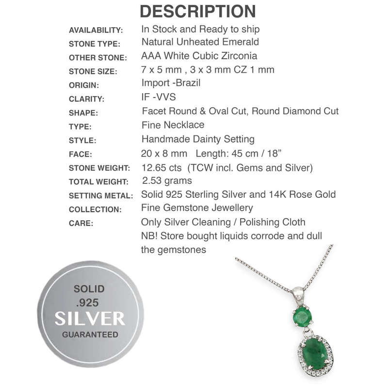 Deluxe Natural Unheated Brazilian Emerald Solid .925 Sterling Silver 14k White Gold Necklace