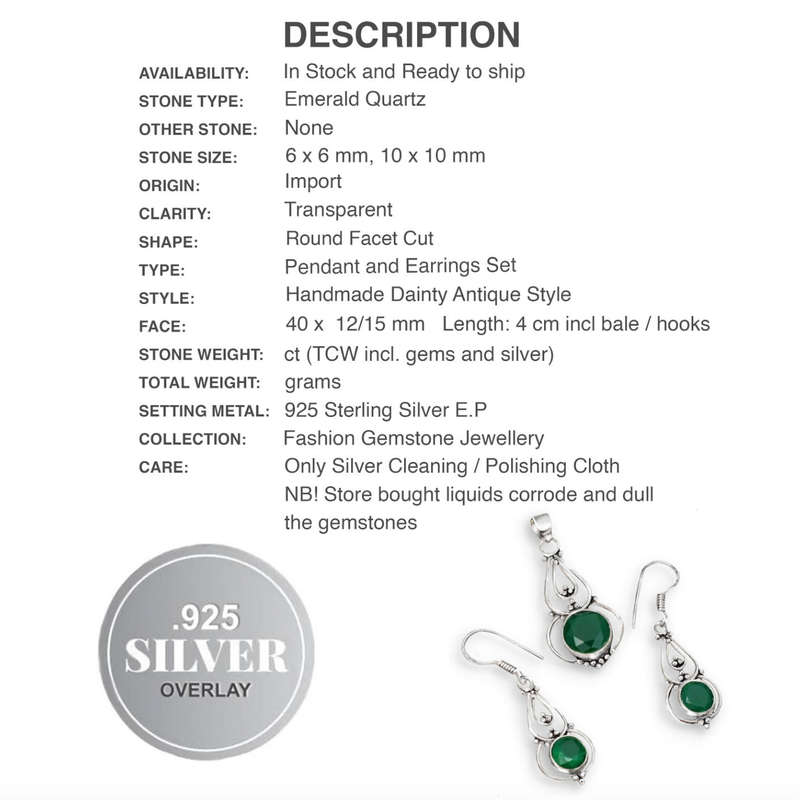 Emerald Quartz set in 925 Sterling Silver Plated Dainty Antique Style Pendant and Earrings Set
