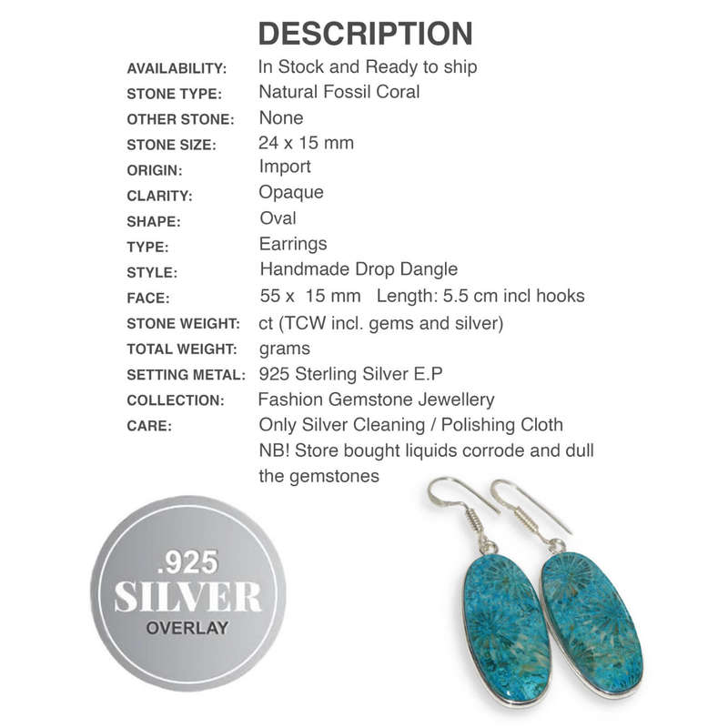 Natural Fossil Coral Oval Shape set in .925 Sterling Silver Plated Handmade Earrings