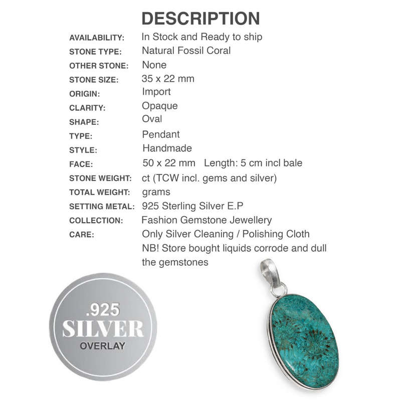 Natural Fossil Coral Oval Shape set in .925 Sterling Silver Plated Handmade  Pendant