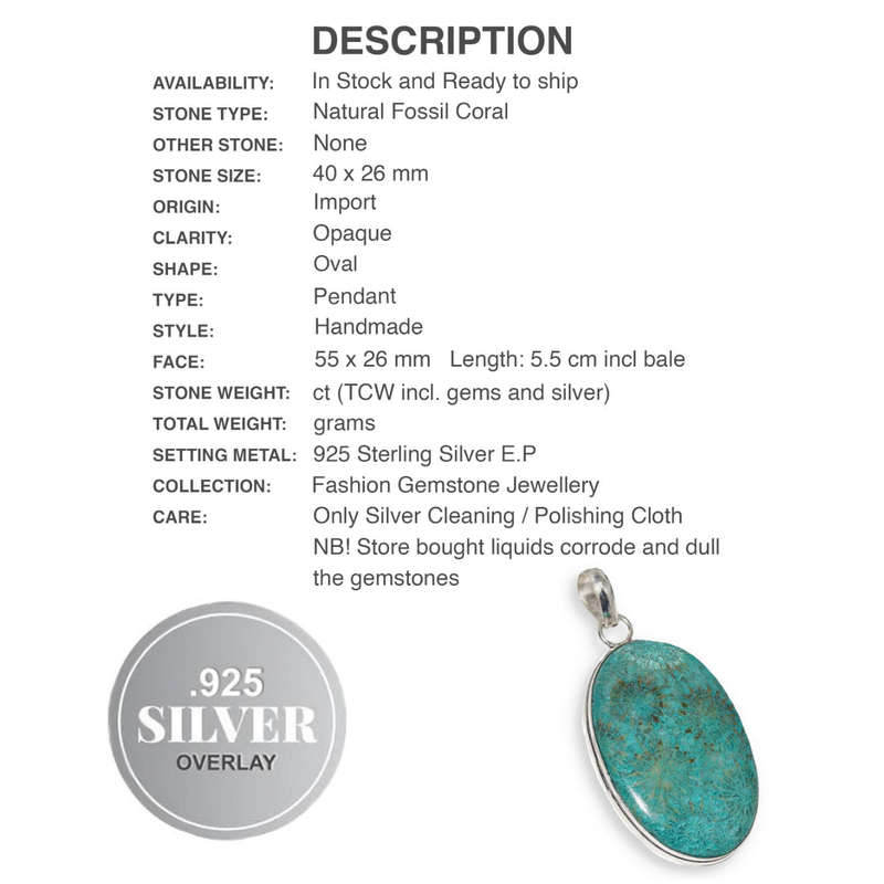 Natural Fossil Coral Oval set in .925 Sterling Silver Plated Handmade Pendant