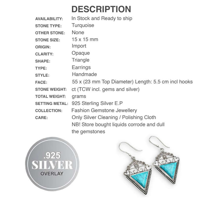 Turquoise Triangle Gemstone in Antique Style .925 Sterling Silver Plated H/made Ornate Earrings