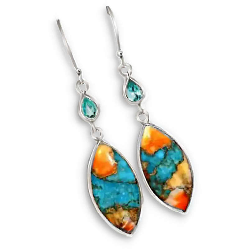 Natural Spiny Oyster Arizona Turquoise, Blue Topaz Solid .925 Sterling Silver Earrings