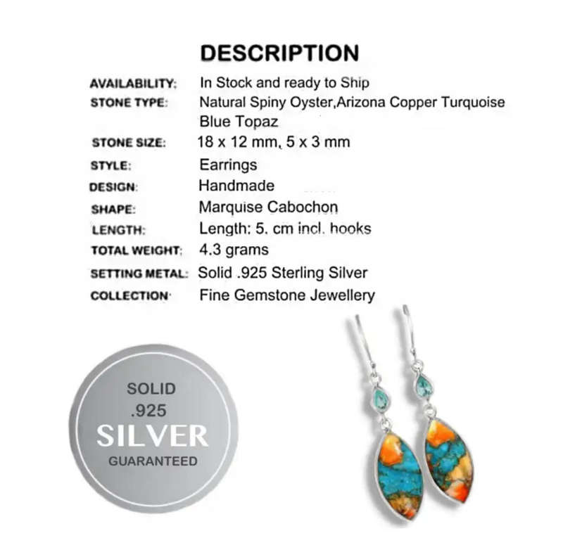 Natural Spiny Oyster Arizona Turquoise, Blue Topaz Solid .925 Sterling Silver Earrings
