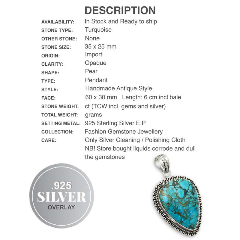 Natural Blue Turquoise Pear set in 925 Sterling Silver Plated Handmade Antique Style Pendant
