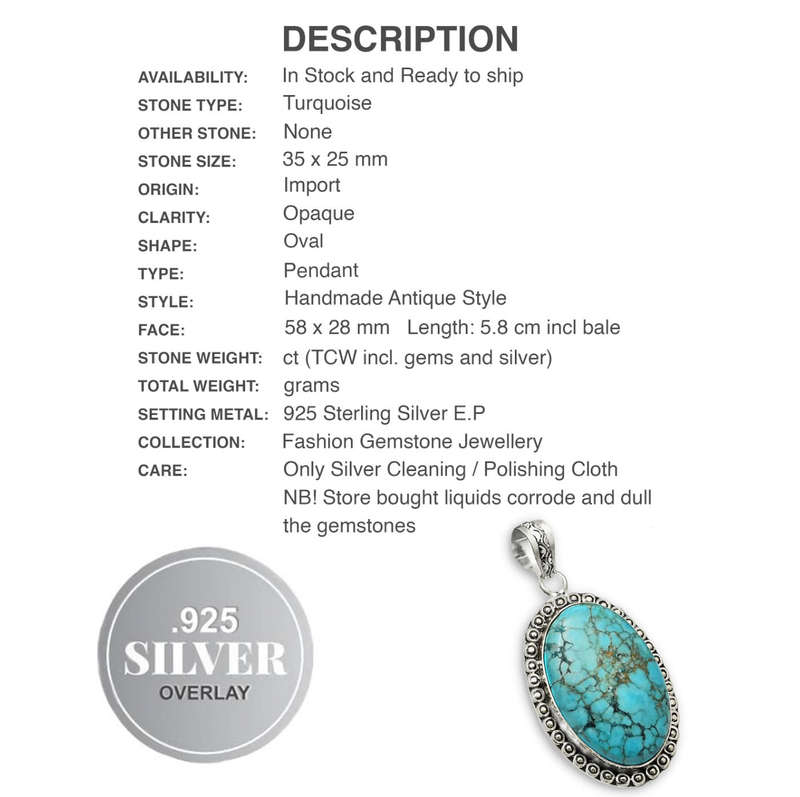 Natural Blue Turquoise Oval set in 925 Sterling Silver Plated Handmade Antique Style Pendant