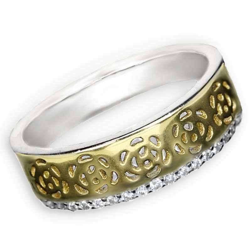 Italian Fine Crafted Two Tone AAA CZ  Solid .925 Silver 14K White and Yellow Gold Ring Size US 7 /O