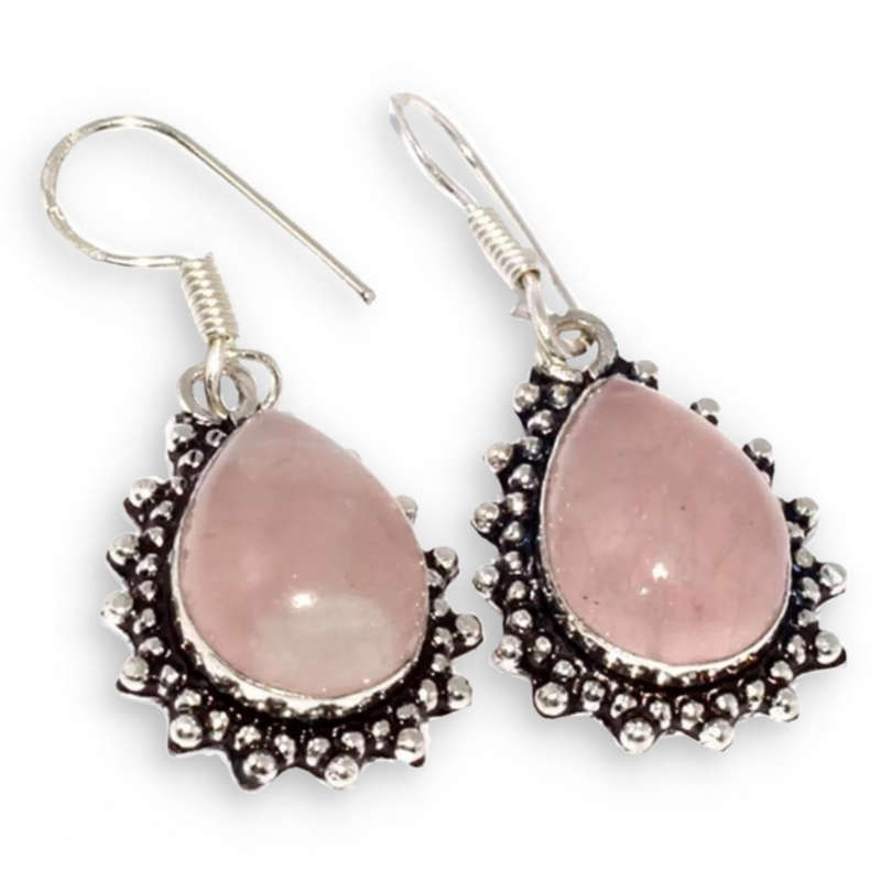 Natural Rose Quartz Pear Shape Gemstone .925 Sterling Silver Plated Antique Style Earrings