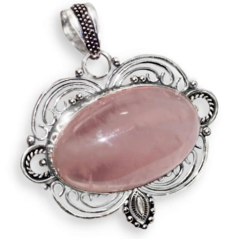 Natural Rose Quartz Gemstone  .925 Sterling Silver Plated Victorian Setting  Pendant