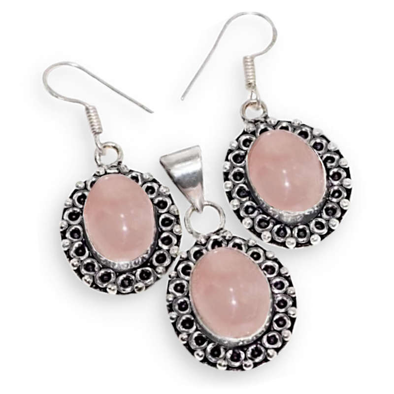 Natural Pink Rose Quartz Oval .925 Sterling Silver Plated Pendant and Earrings Set