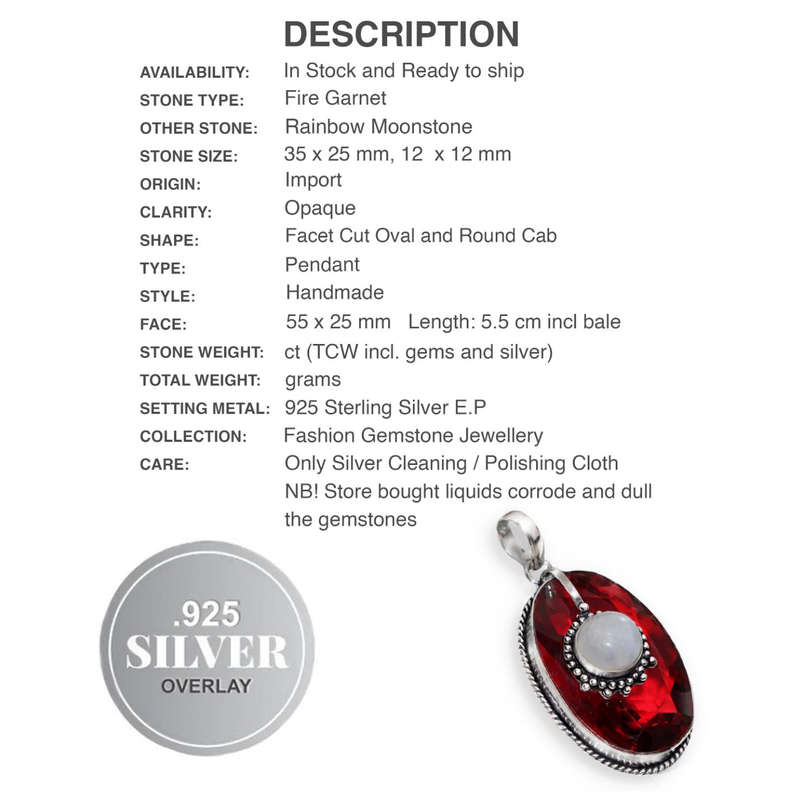 Natural Rainbow Moonstone and Fire Garnet Oval set in .925 Sterling Silver Plated Handmade Pendant