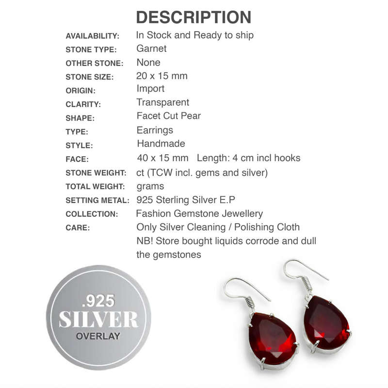 Pear Shape Garnet set in .925 Sterling Silver Plated Handmade Earrings